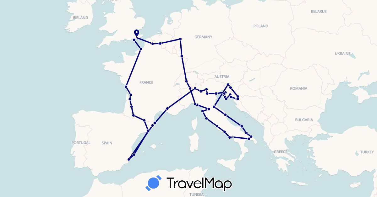 TravelMap itinerary: driving in Andorra, Belgium, Switzerland, Germany, Spain, France, United Kingdom, Croatia, Italy, Slovenia (Europe)